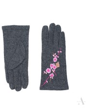 rękawiczki Eleganckie grafitowe rękawiczki damskie z haftowanymi różowymi kwiatkami - Evangarda.pl