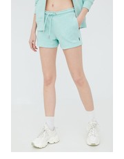 Spodnie szorty damskie kolor turkusowy z aplikacją high waist - Answear.com Superdry