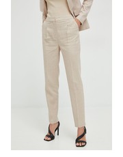 Spodnie spodnie z domieszką lnu damskie kolor beżowy proste high waist - Answear.com Morgan