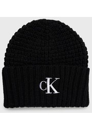 Czapka czapka z domieszką wełny kolor czarny z cienkiej dzianiny z domieszką wełny - Answear.com Calvin Klein Jeans