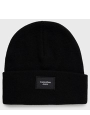Czapka czapka z domieszką wełny kolor czarny z cienkiej dzianiny z domieszką wełny - Answear.com Calvin Klein Jeans