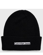 Czapka czapka wełniana kolor czarny z cienkiej dzianiny wełniana - Answear.com Calvin Klein Jeans